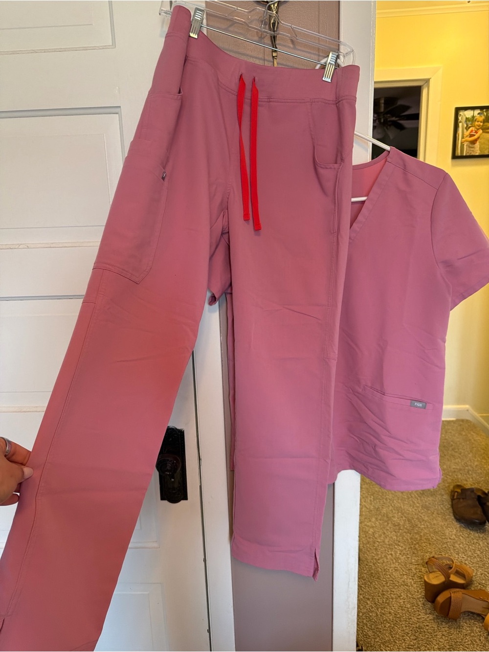 FIGS Women's Dusty Rose Scrub Pants with Red Drawstring